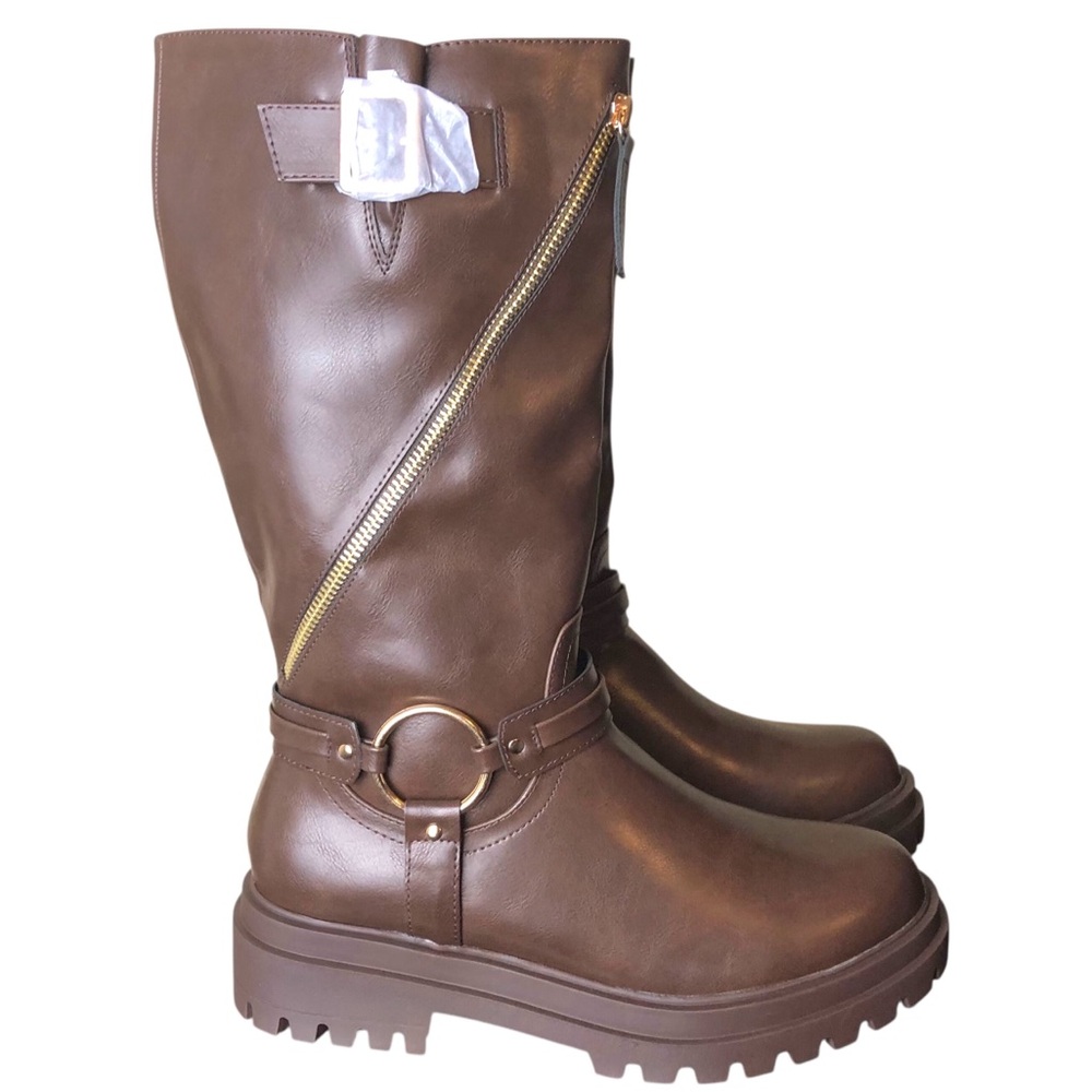 Womens Brown Vegan Leather Combat Boots Full Zip Platform Lug Soles Size 9.5 NEW